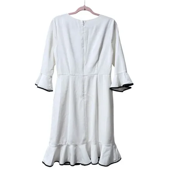 NANETTE LEPORE White BELLA DONNA Dress 4 Bell Sleeves Flounce Contrast Edge NWT - Picture 4 of 14